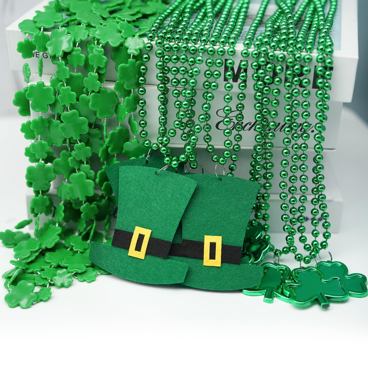 HOOSUN 15 Pack St Patrick's Day Beads Necklaces – Shamrock & Hat Styles