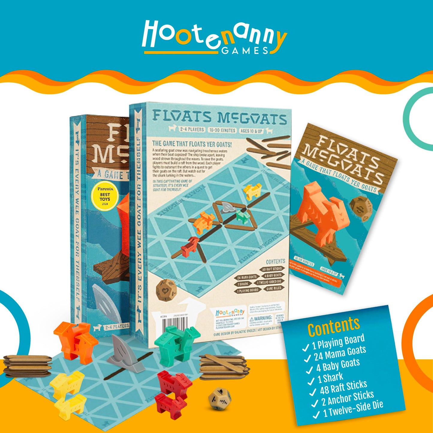 Hootenanny Games Floats McGoats Board Game – Build a Raft & Save Your Goats | 2-4 Players, Ages 10+