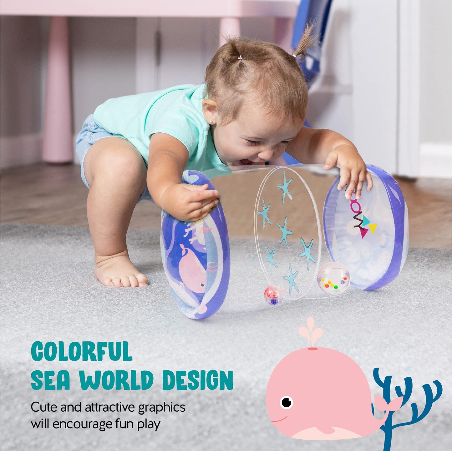 Hoovy Infant Crawling Toys - Sea Animals Baby Roller for 6-12 Months | Tummy Time & Drop Maze Activity Center