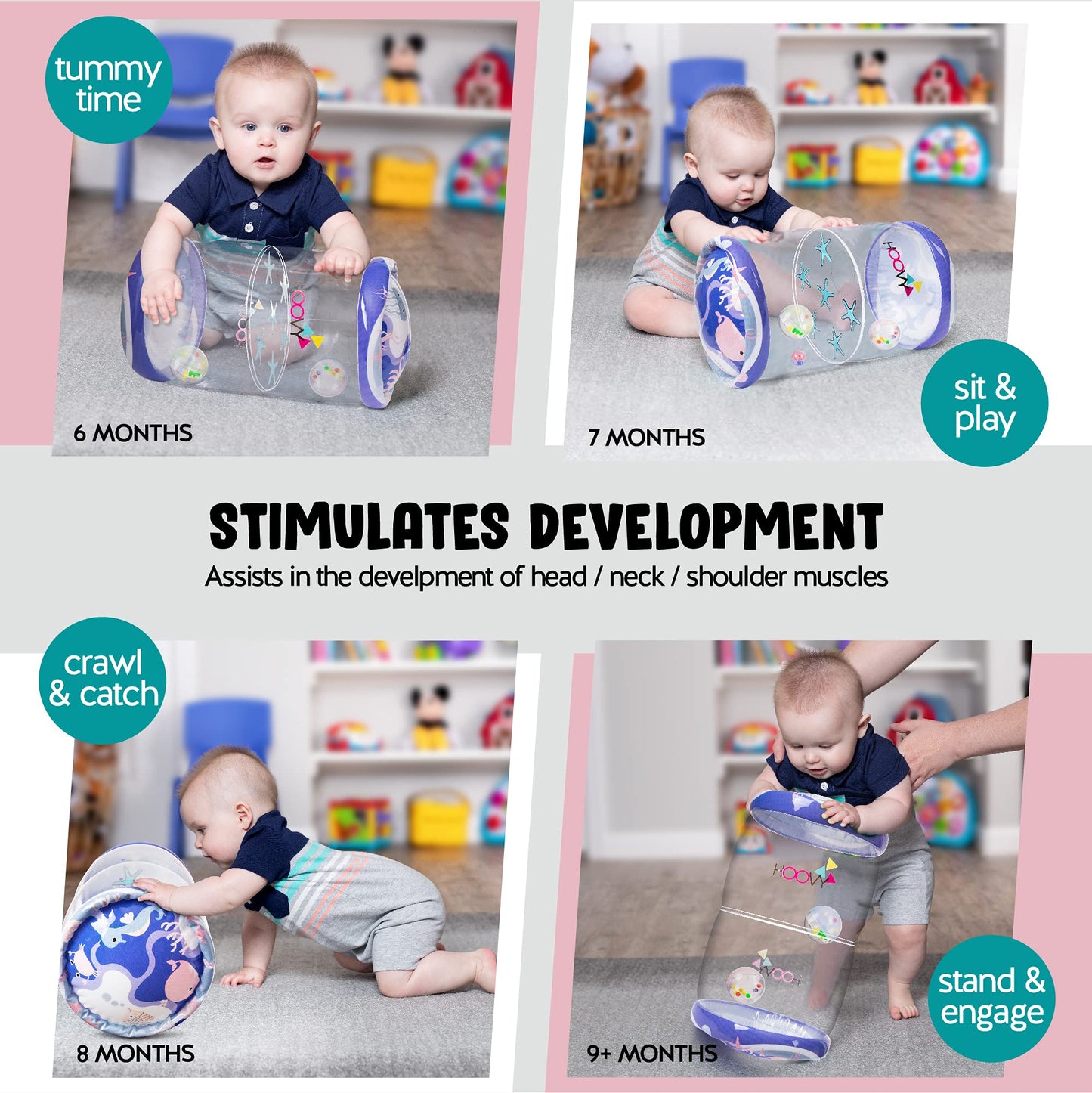 Hoovy Infant Crawling Toys - Sea Animals Baby Roller for 6-12 Months | Tummy Time & Drop Maze Activity Center