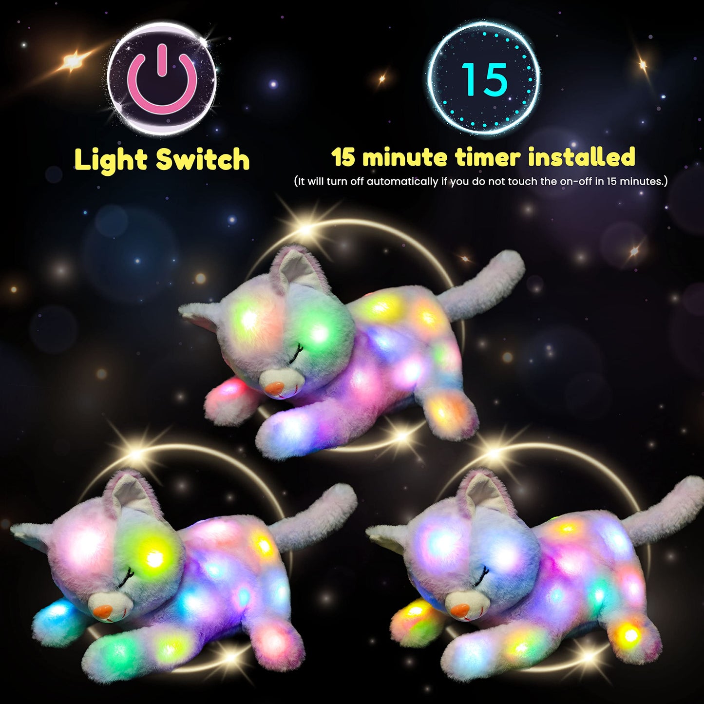 Hopearl LED Plush Cat Playset – Glow-in-the-Dark Mommy Cat with 3 Kittens, Rainbow Plush, 18"