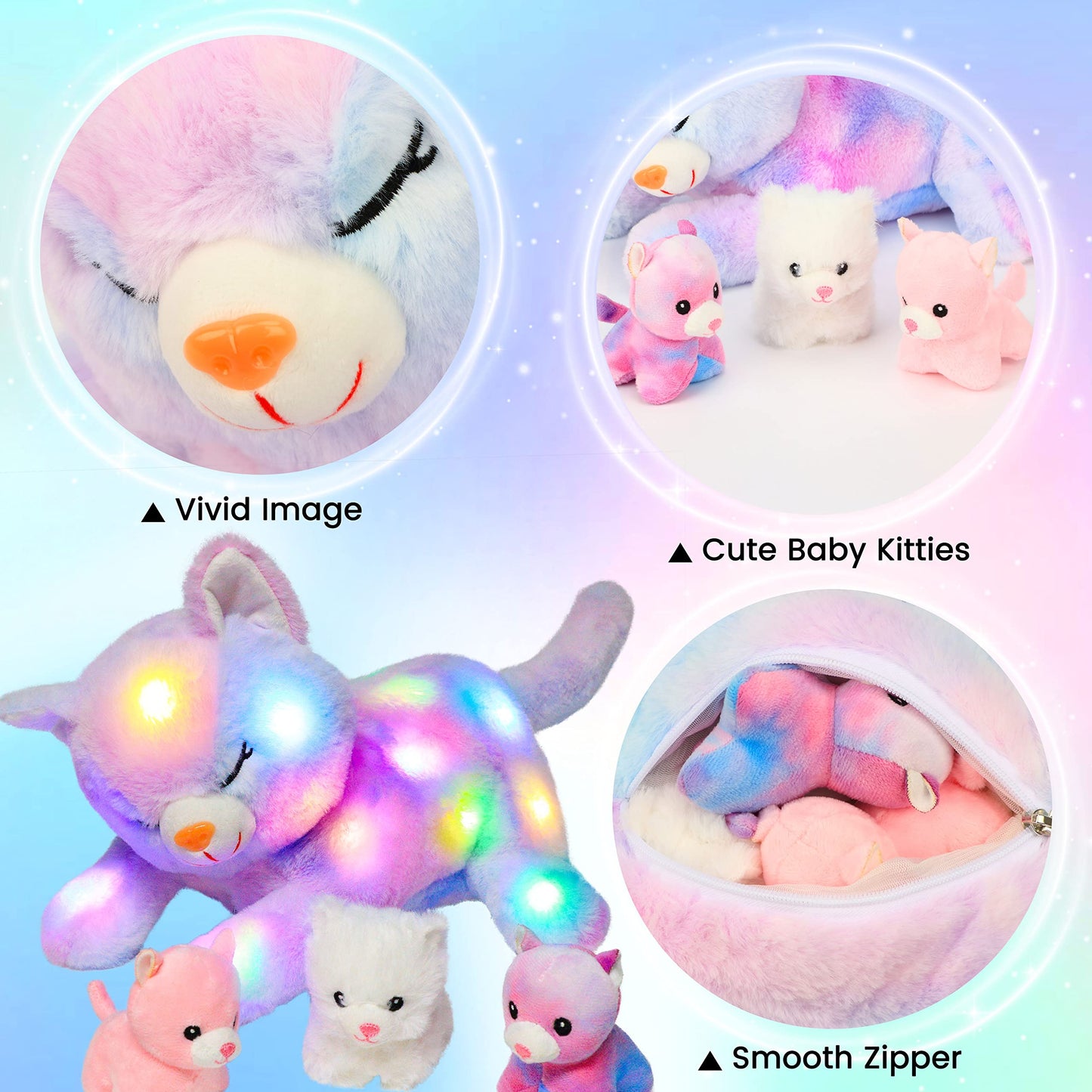 Hopearl LED Plush Cat Playset – Glow-in-the-Dark Mommy Cat with 3 Kittens, Rainbow Plush, 18"