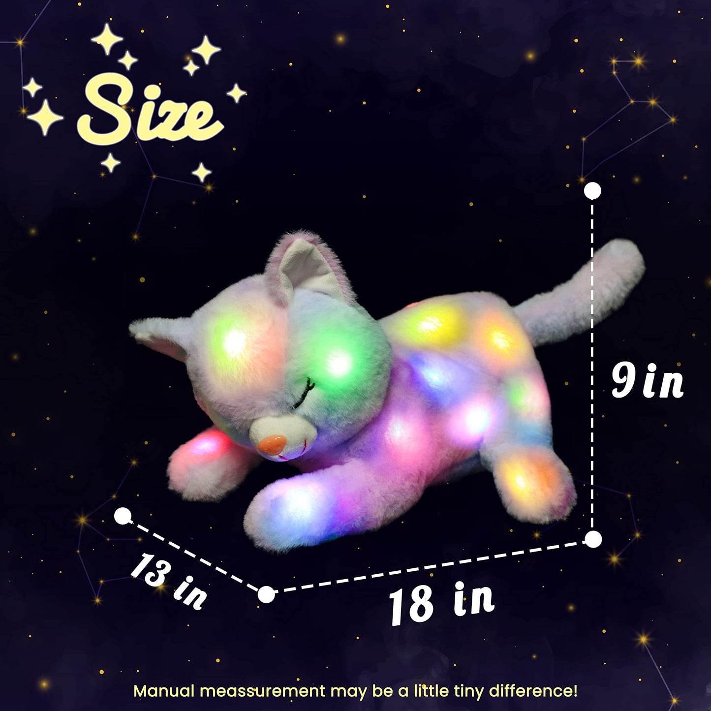 Hopearl LED Plush Cat Playset – Glow-in-the-Dark Mommy Cat with 3 Kittens, Rainbow Plush, 18"