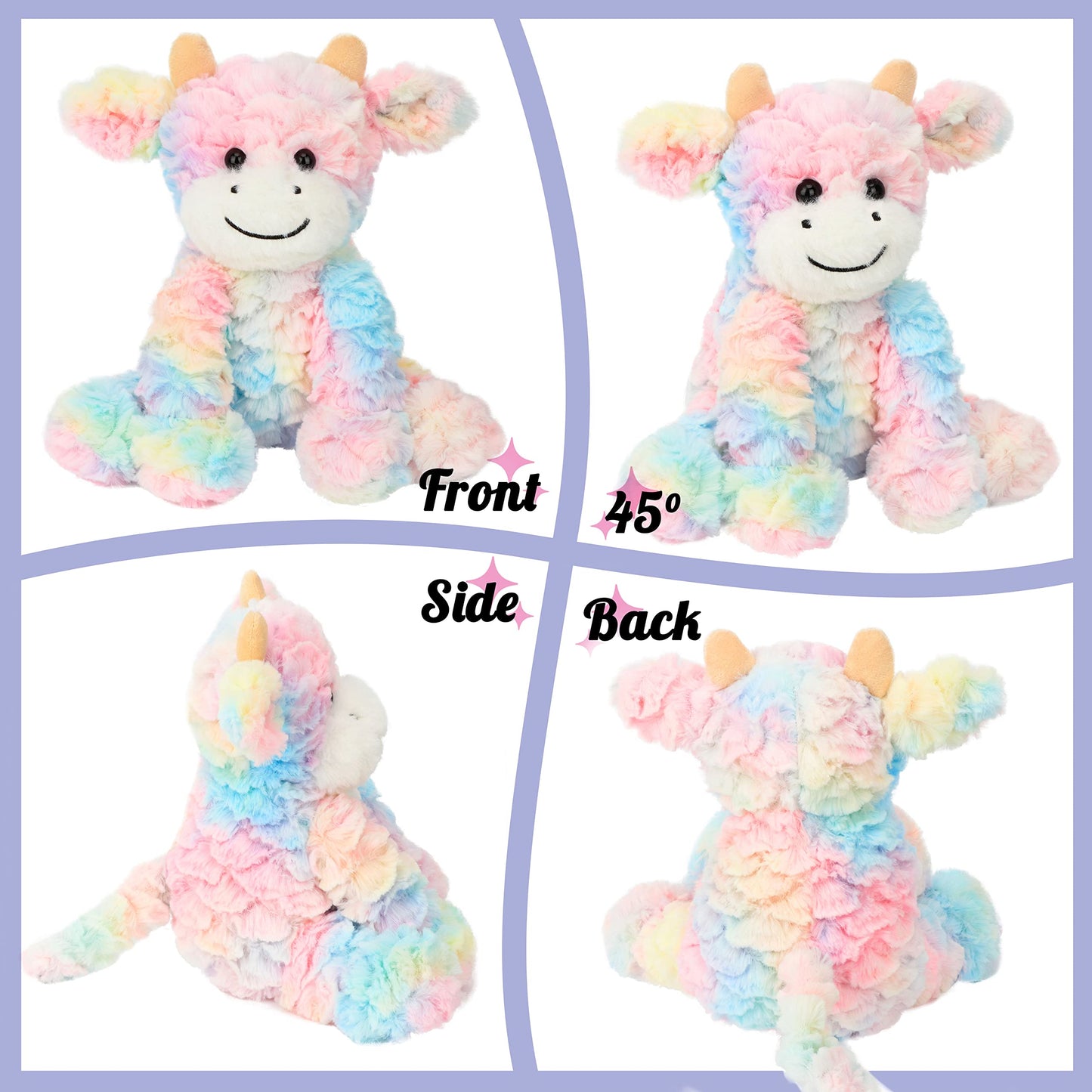 Hopearl Adorable Plush Cow Toy – Colorful Rainbow 9in Soft Stuffed Animal for Kids