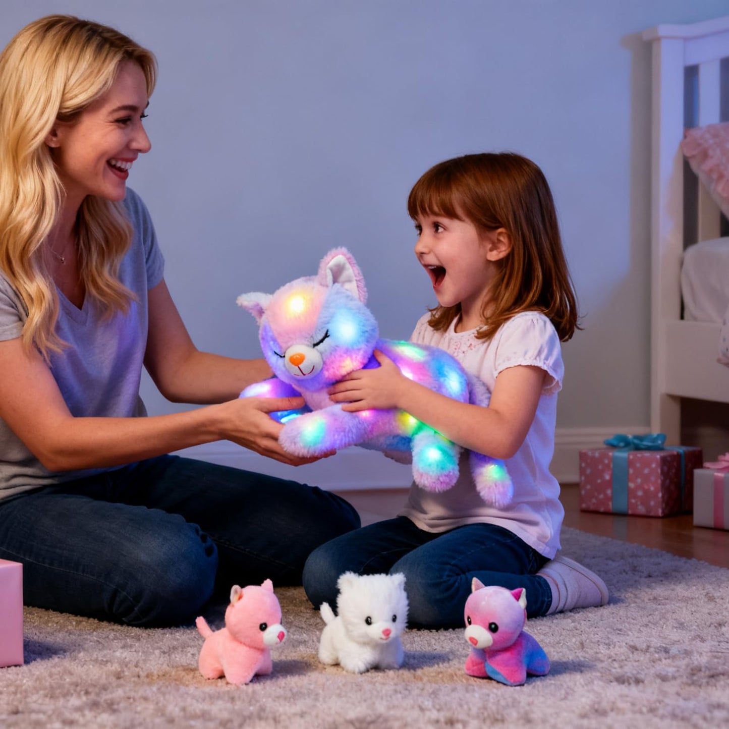 Hopearl LED Plush Cat Playset – Glow-in-the-Dark Mommy Cat with 3 Kittens, Rainbow Plush, 18"