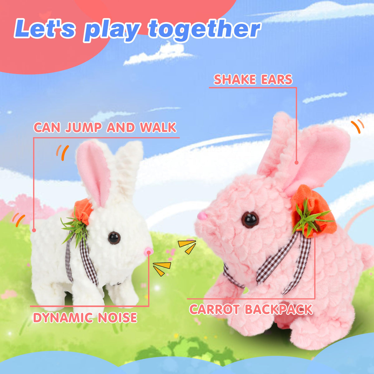 Hopearl Hopping Rabbit with LED Ears Backpack — Interactive Plush Bunny Toy for Toddlers, 7"