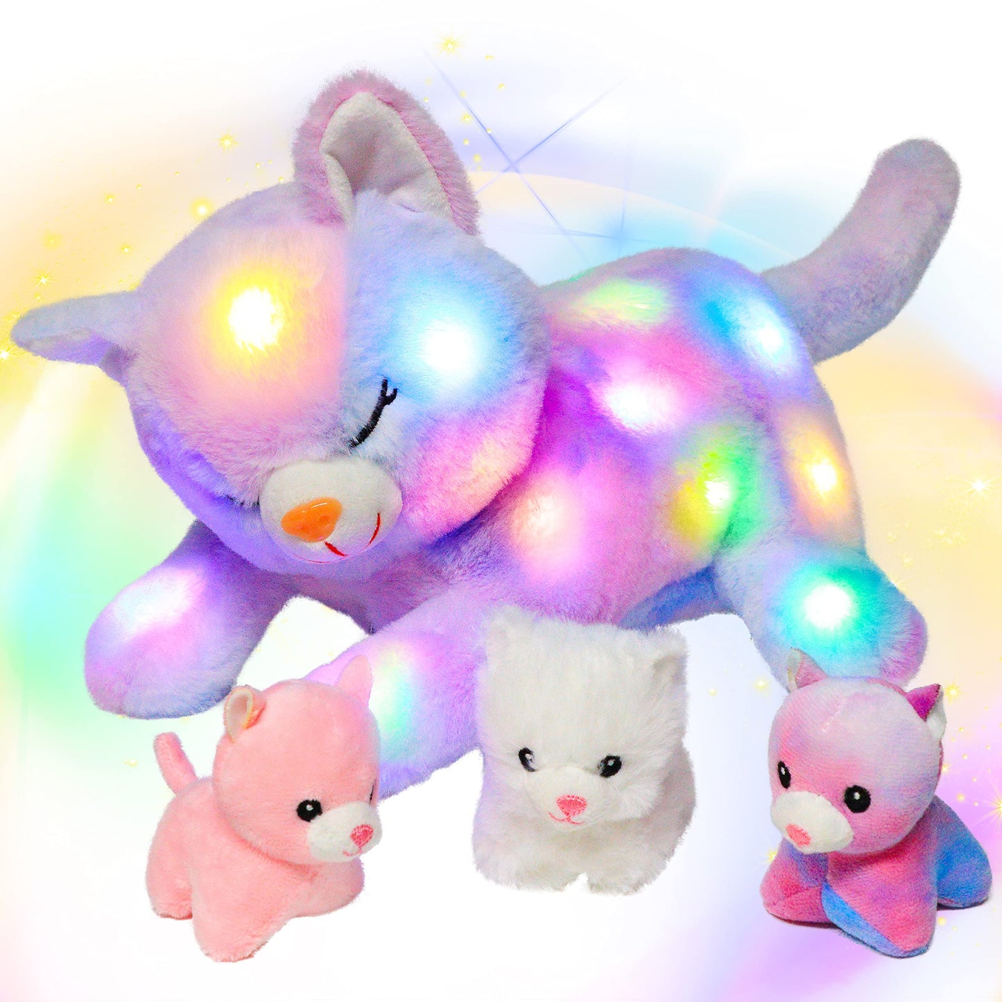 Hopearl LED Plush Cat Playset – Glow-in-the-Dark Mommy Cat with 3 Kittens, Rainbow Plush, 18"