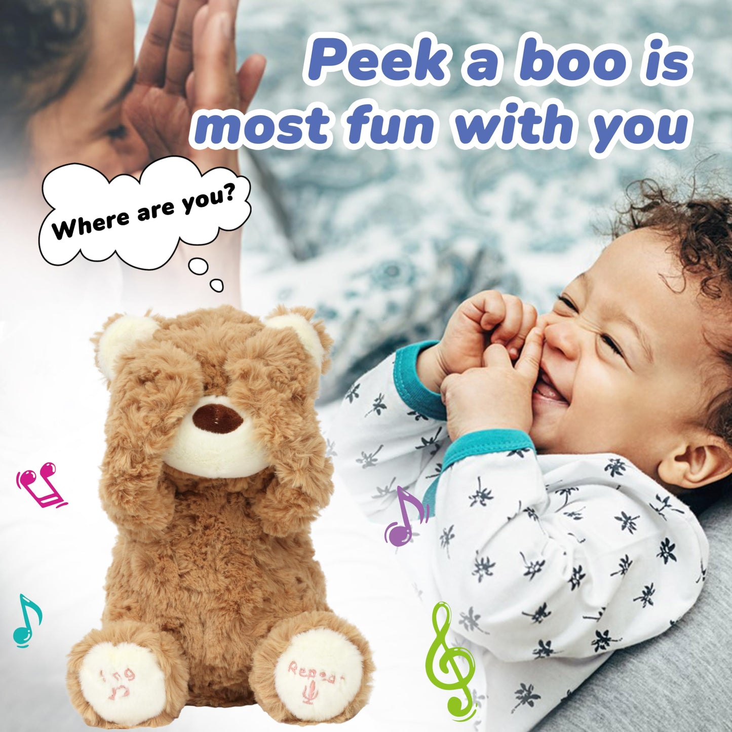 Hopearl Peek A Boo Bear – Interactive Talking Plush Toy for Toddlers, 11-inch Brown