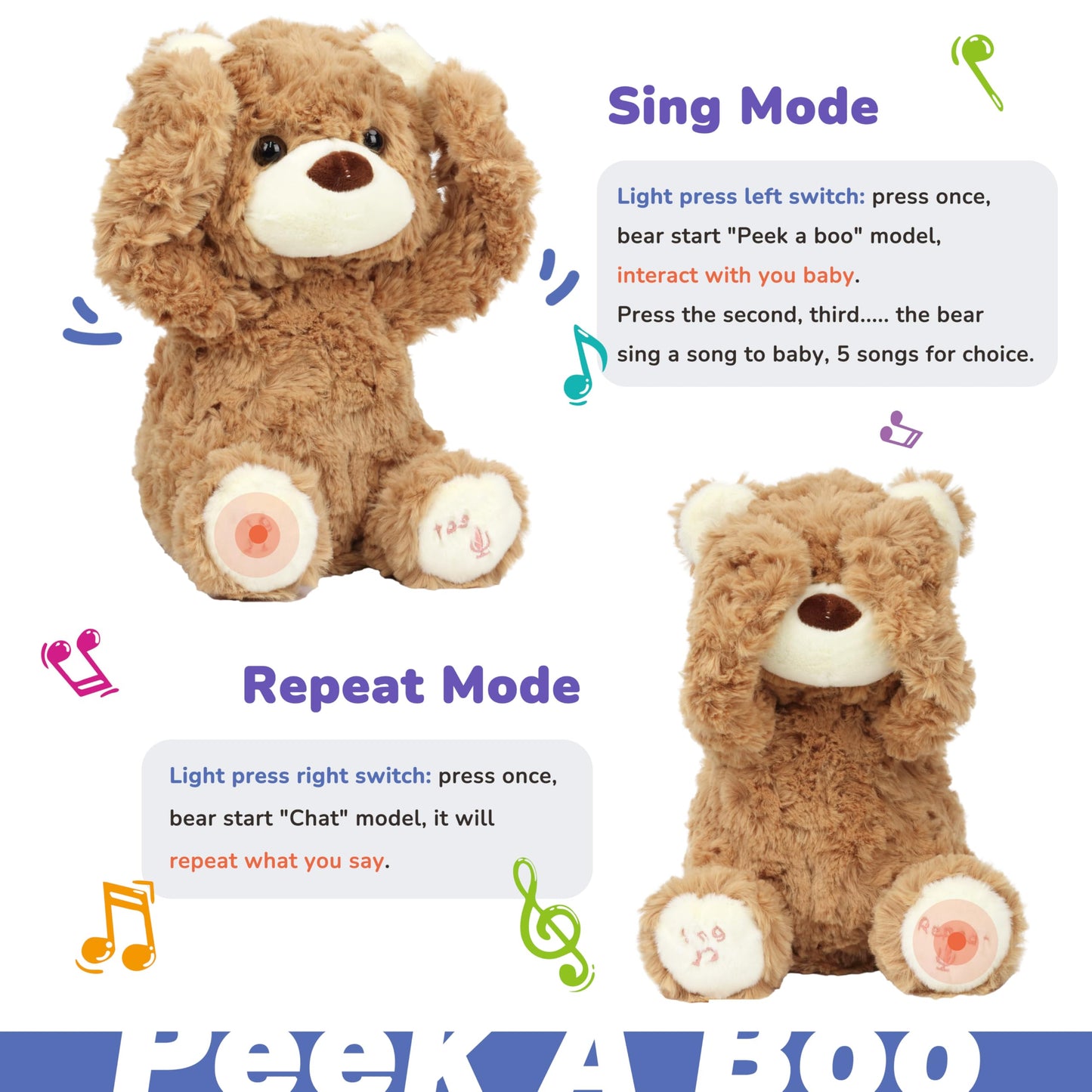 Hopearl Peek A Boo Bear – Interactive Talking Plush Toy for Toddlers, 11-inch Brown