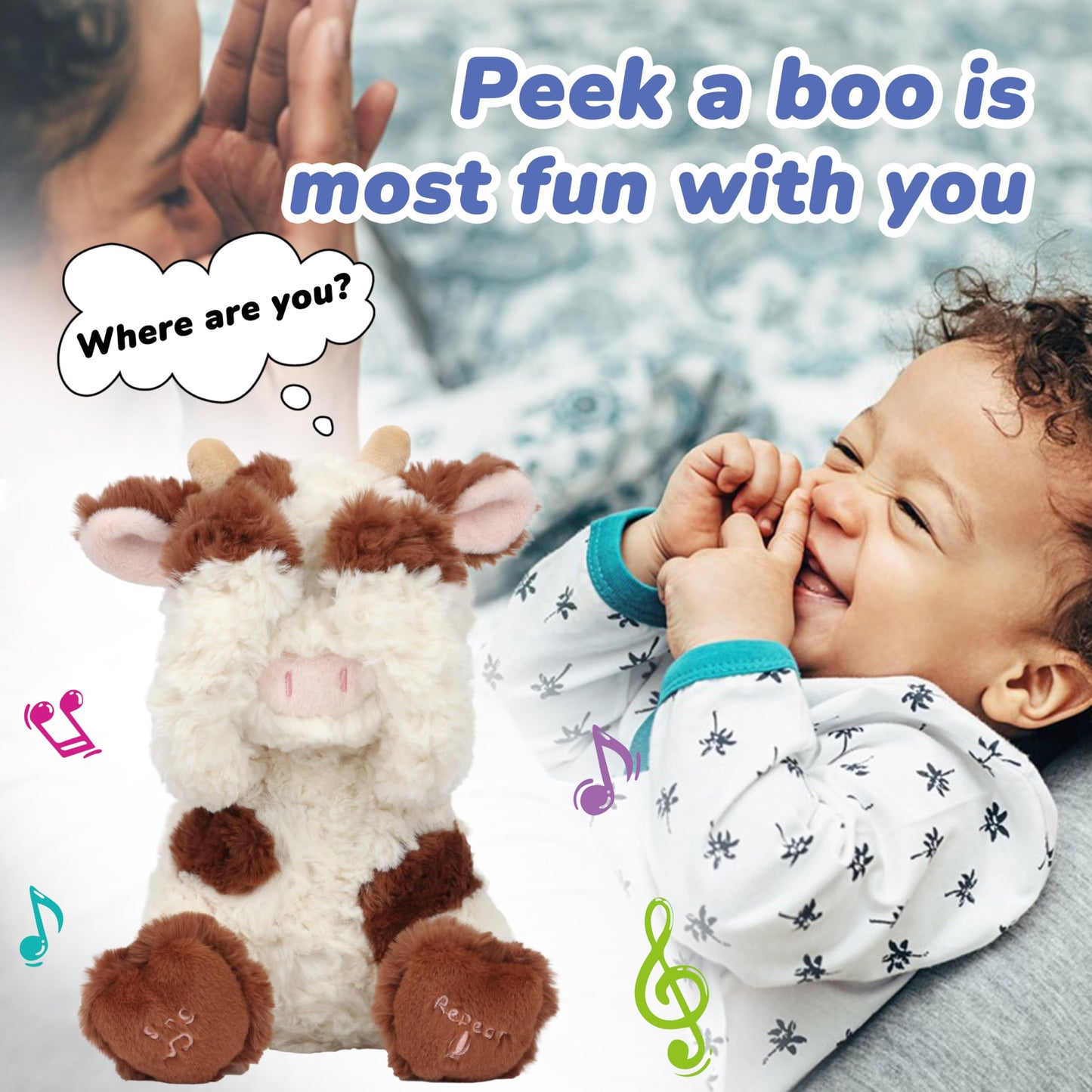 Hopearl Peek A Boo Cow Interactive Plush Toy – Singing, Repeating, 11 Inch