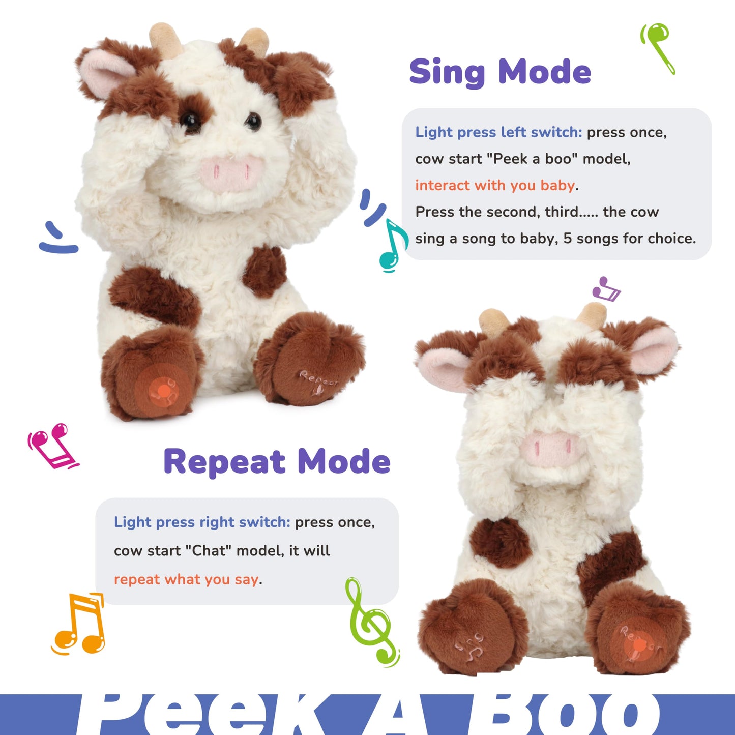 Hopearl Peek A Boo Cow Interactive Plush Toy – Singing, Repeating, 11 Inch