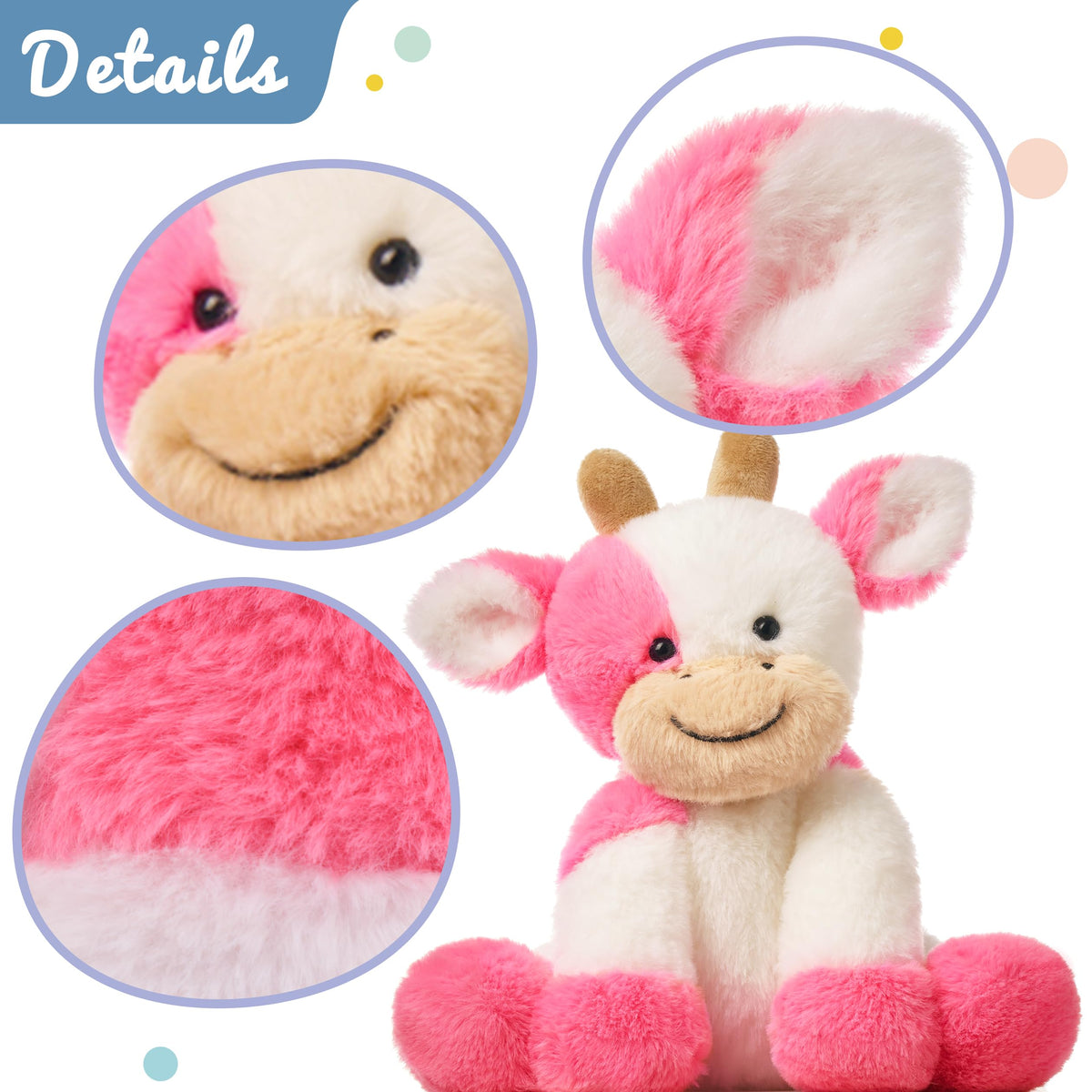 Hopearl Adorable Plush Cow Toy - 9-Inch Strawberry Pink Soft Stuffed Animal for Kids