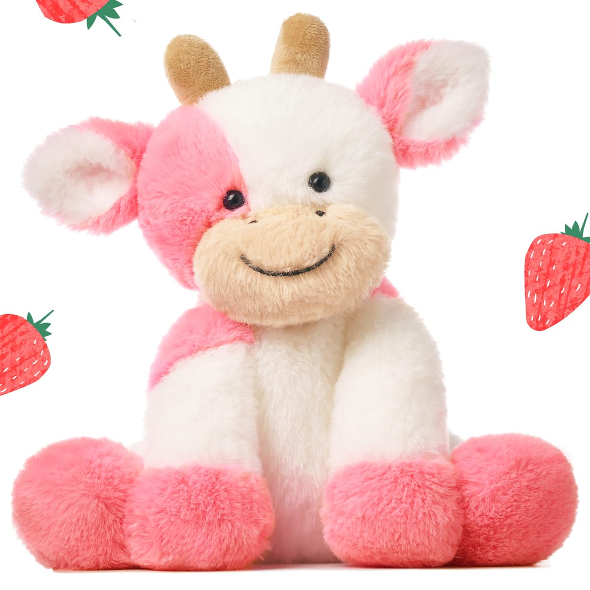 Hopearl Adorable Plush Cow Toy - 9-Inch Strawberry Pink Soft Stuffed Animal for Kids