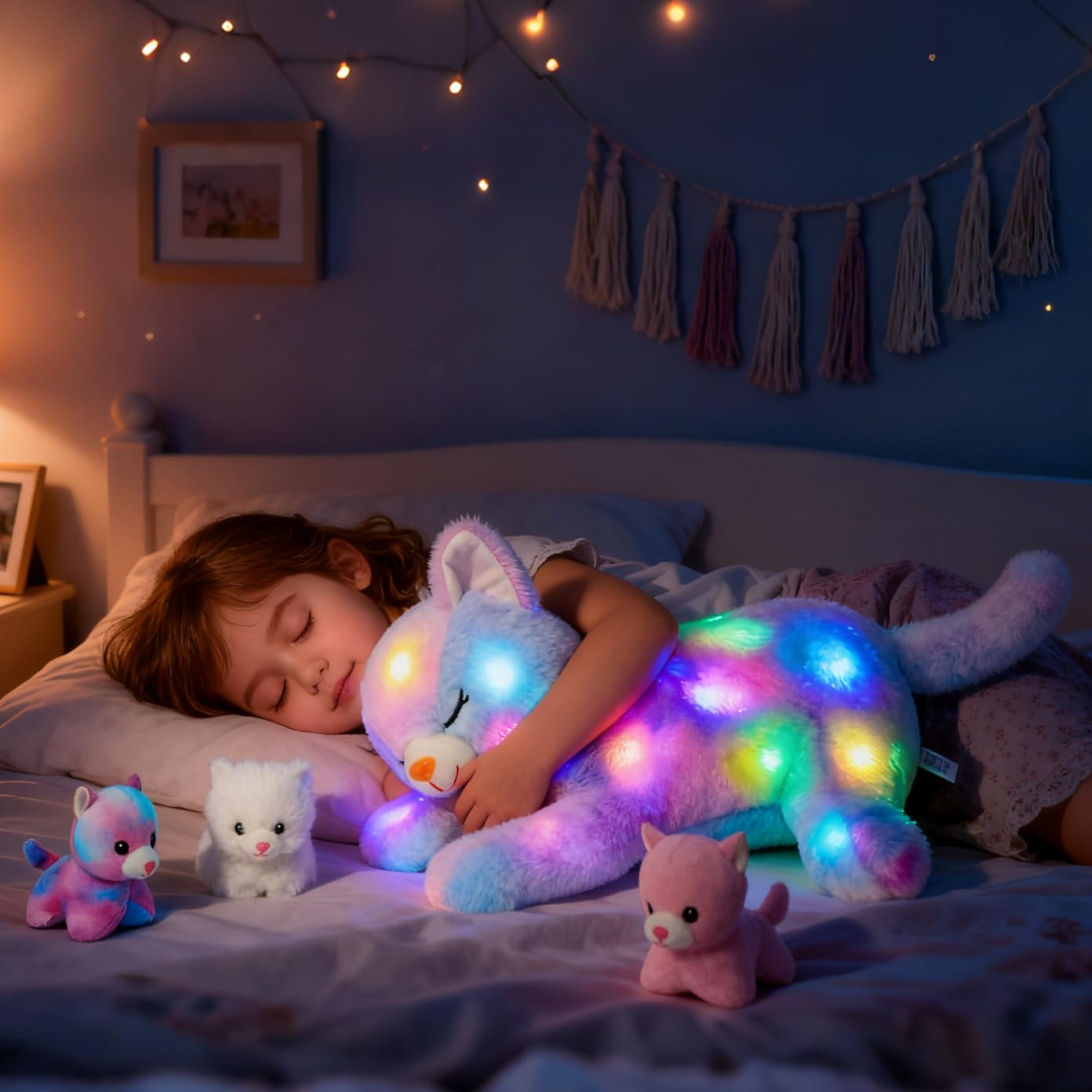 Hopearl LED Plush Cat Playset – Glow-in-the-Dark Mommy Cat with 3 Kittens, Rainbow Plush, 18"