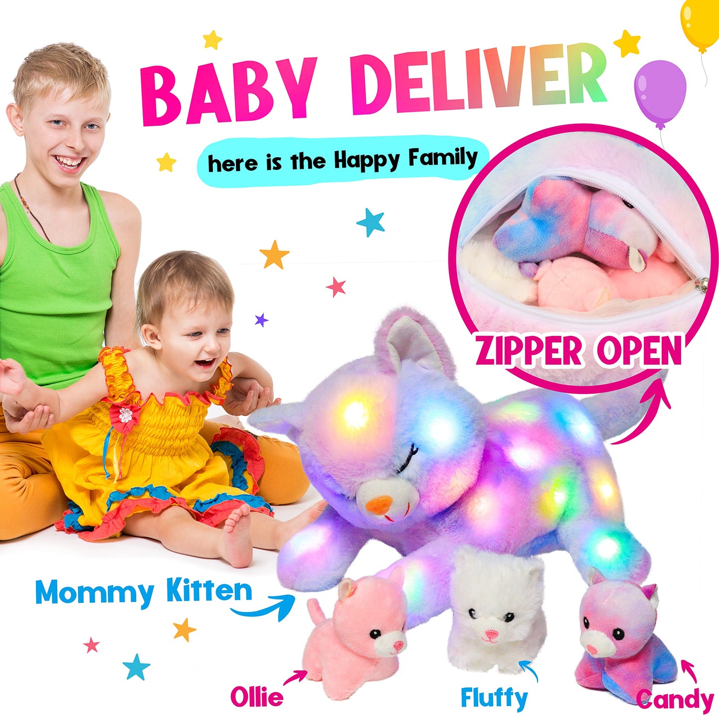 Hopearl LED Plush Cat Playset – Glow-in-the-Dark Mommy Cat with 3 Kittens, Rainbow Plush, 18"