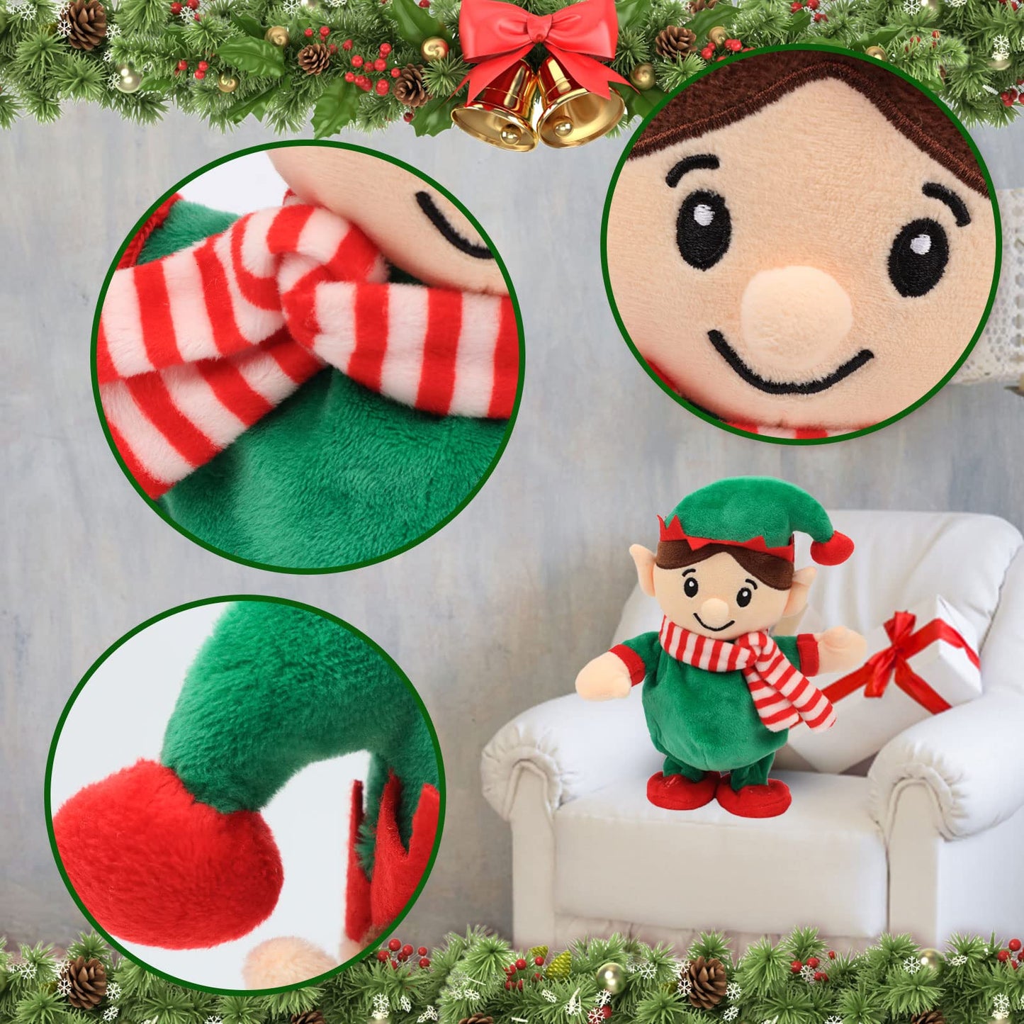 Hopearl Talking Singing Elf – Interactive Repeating Plush Buddy for Toddlers, 8.5-inch Green