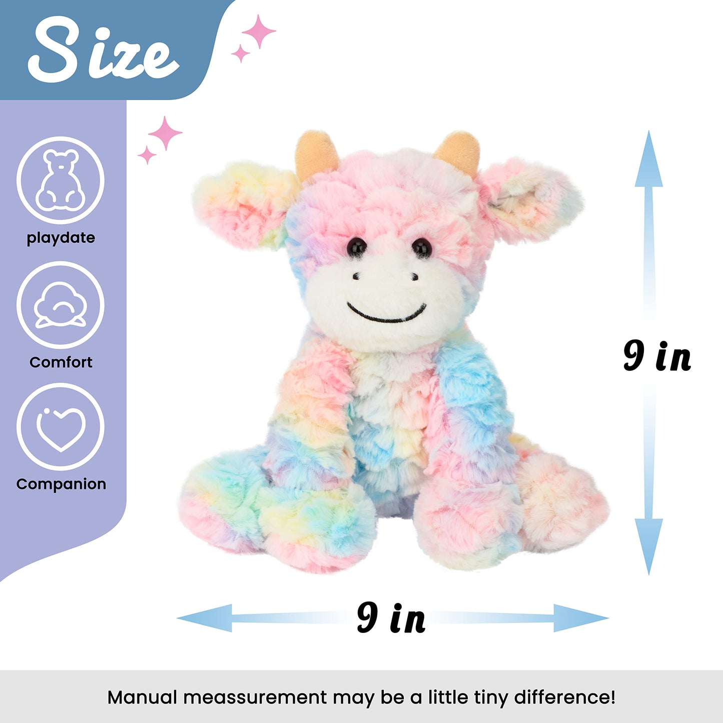 Hopearl Adorable Plush Cow Toy – Colorful Rainbow 9in Soft Stuffed Animal for Kids