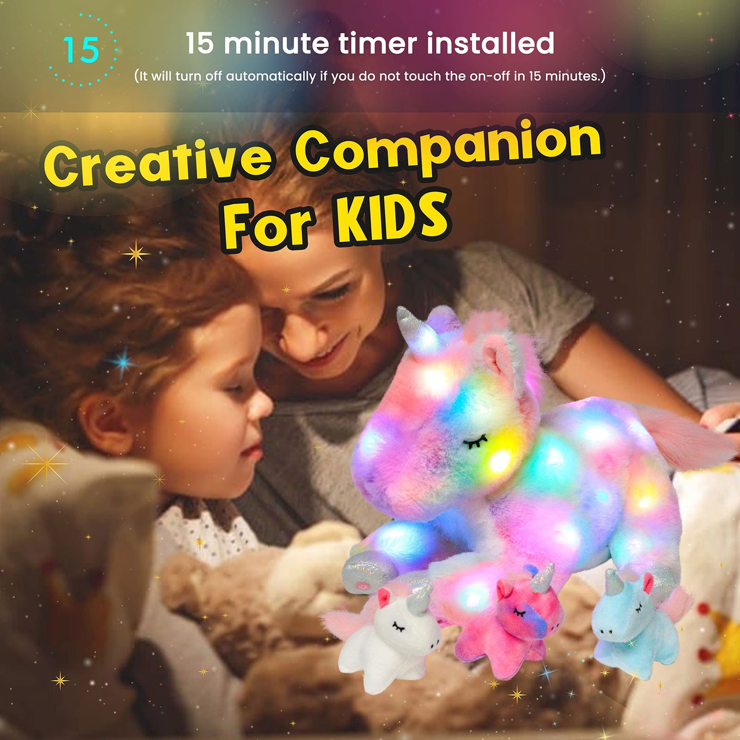 Hopearl LED Plush Unicorn Mommy with 3 Removable Baby Unicorns, 19in Glow Night Light