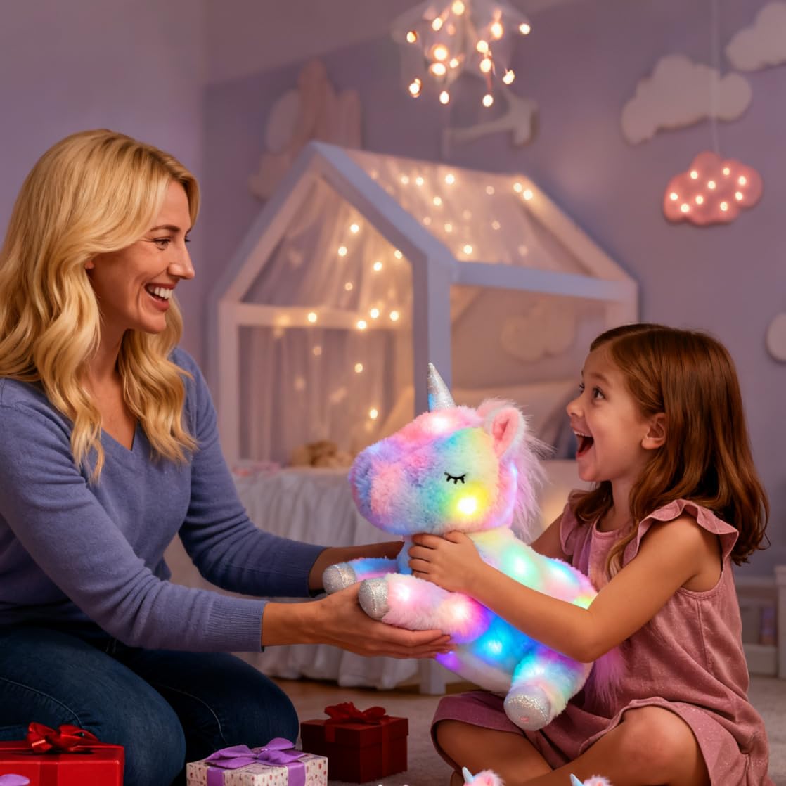 Hopearl LED Plush Unicorn Mommy with 3 Removable Baby Unicorns, 19in Glow Night Light