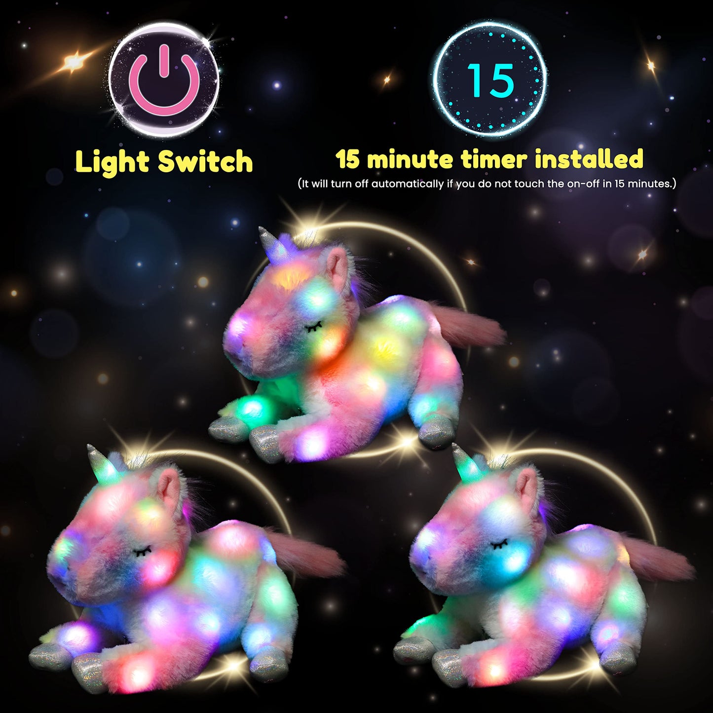 Hopearl LED Plush Unicorn Mommy with 3 Removable Baby Unicorns, 19in Glow Night Light