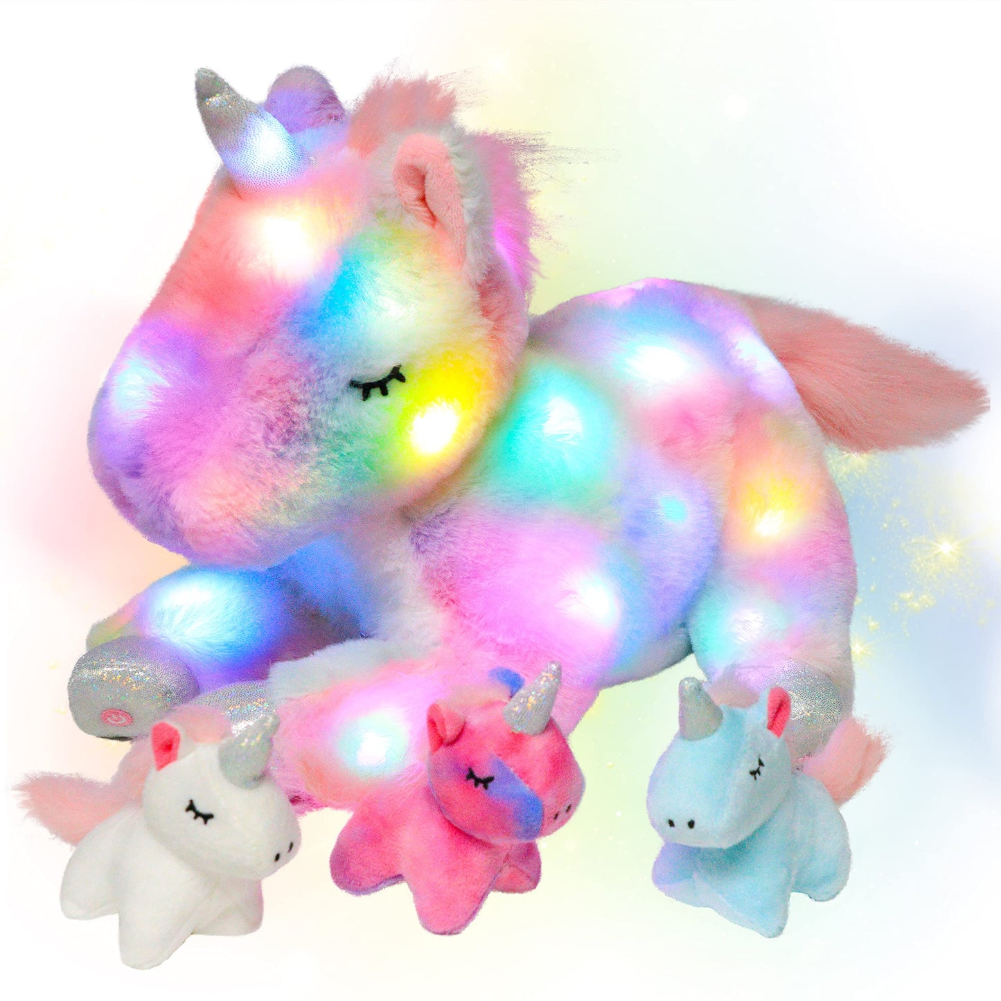 Hopearl LED Plush Unicorn Mommy with 3 Removable Baby Unicorns, 19in Glow Night Light