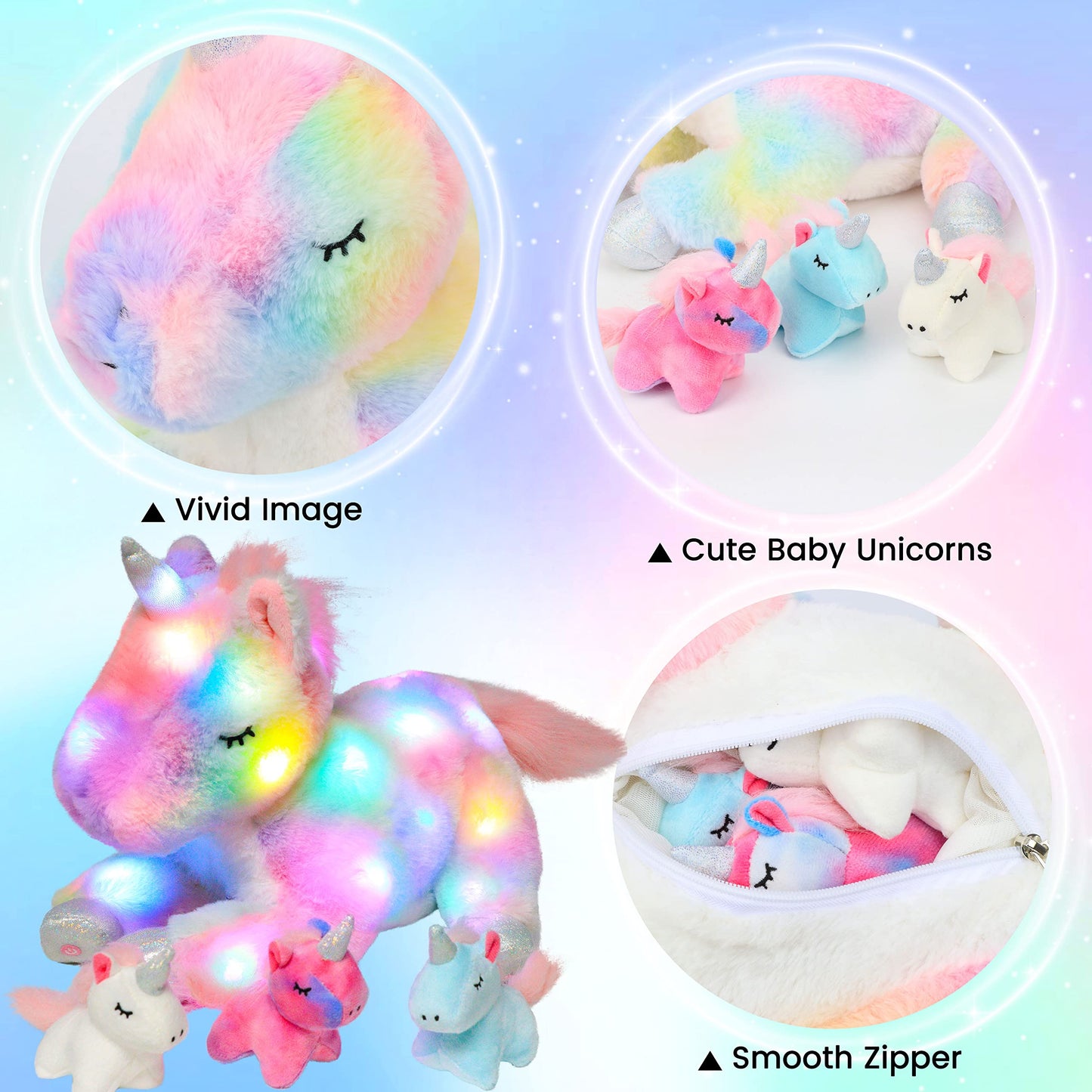 Hopearl LED Plush Unicorn Mommy with 3 Removable Baby Unicorns, 19in Glow Night Light