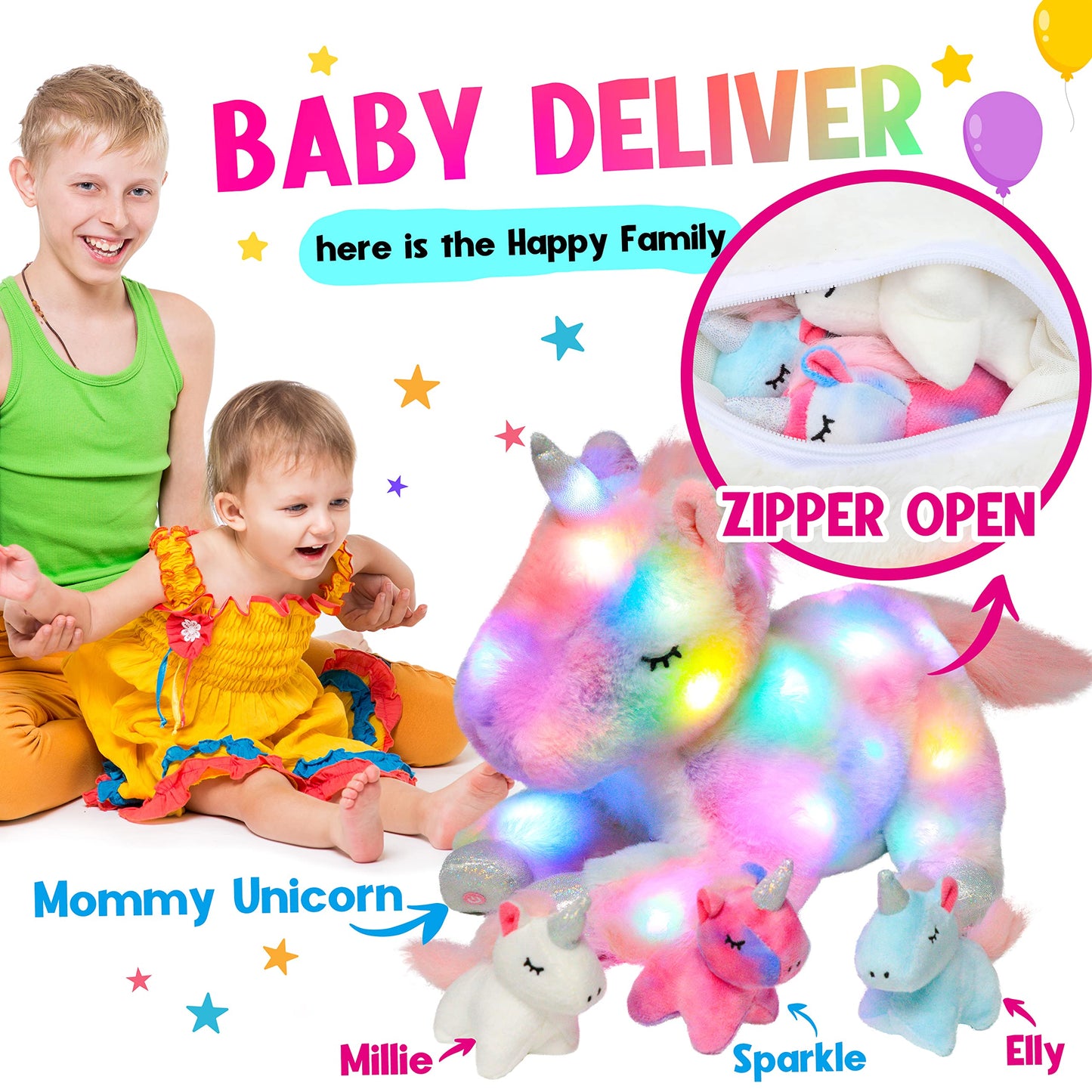 Hopearl LED Plush Unicorn Mommy with 3 Removable Baby Unicorns, 19in Glow Night Light