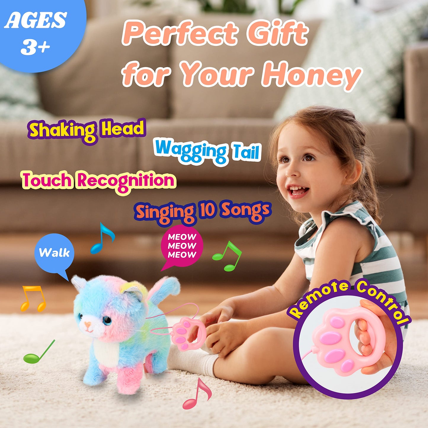 Hopearl Walking Cat Interactive Toy – 10.5-inch Singing Kitty with Leash, Touch-Activated Miaow, 10 Songs
