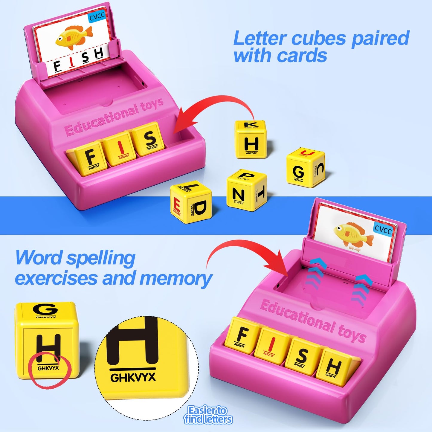 HOPEEYE Montessori Letter Game for Kids (Ages 3-8) – 50% Bigger Pink Tray & Enlarged Letter Cubes