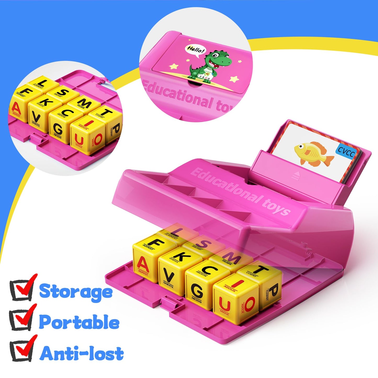 HOPEEYE Montessori Letter Game for Kids (Ages 3-8) – 50% Bigger Pink Tray & Enlarged Letter Cubes