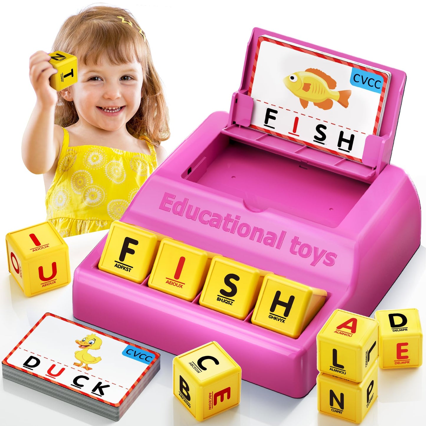 HOPEEYE Montessori Letter Game for Kids (Ages 3-8) – 50% Bigger Pink Tray & Enlarged Letter Cubes