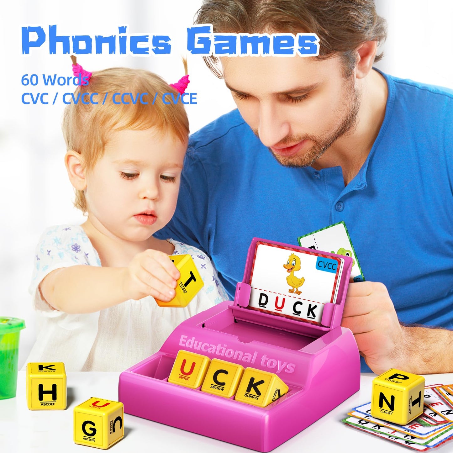 HOPEEYE Montessori Letter Game for Kids (Ages 3-8) – 50% Bigger Pink Tray & Enlarged Letter Cubes