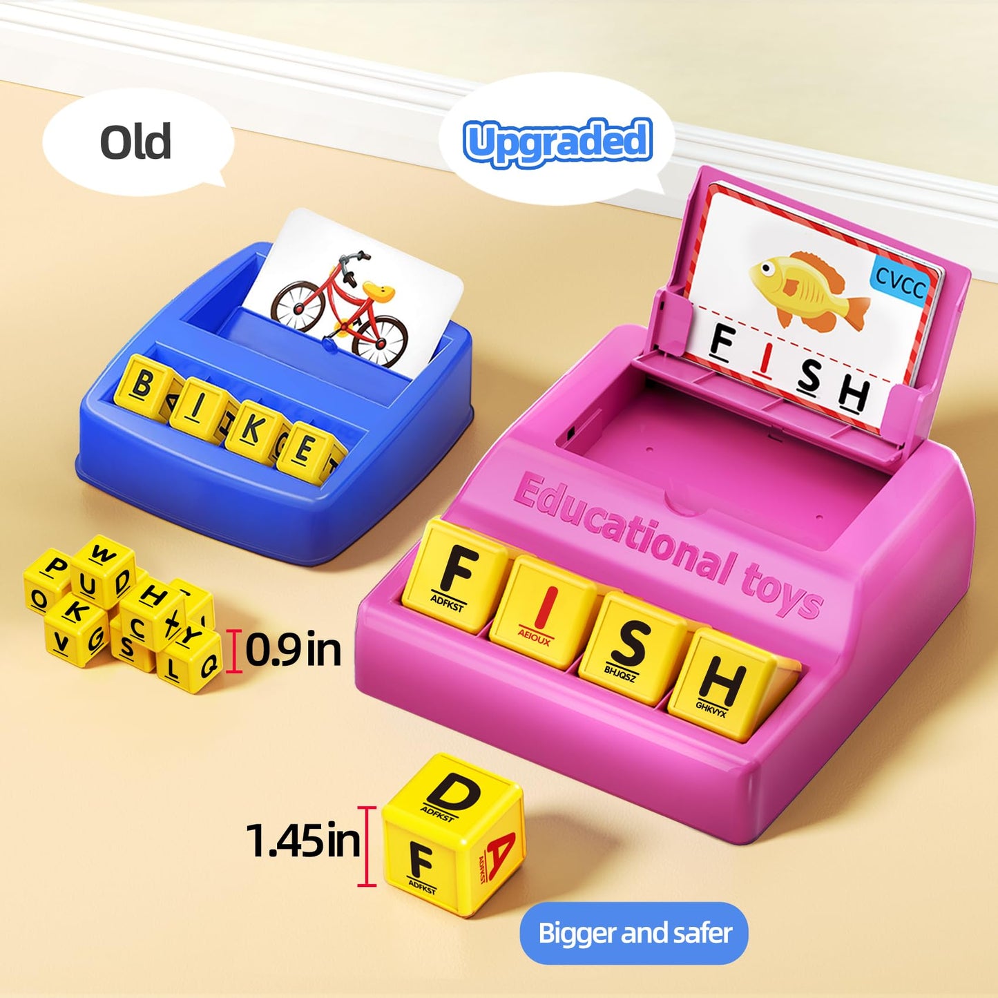HOPEEYE Montessori Letter Game for Kids (Ages 3-8) – 50% Bigger Pink Tray & Enlarged Letter Cubes