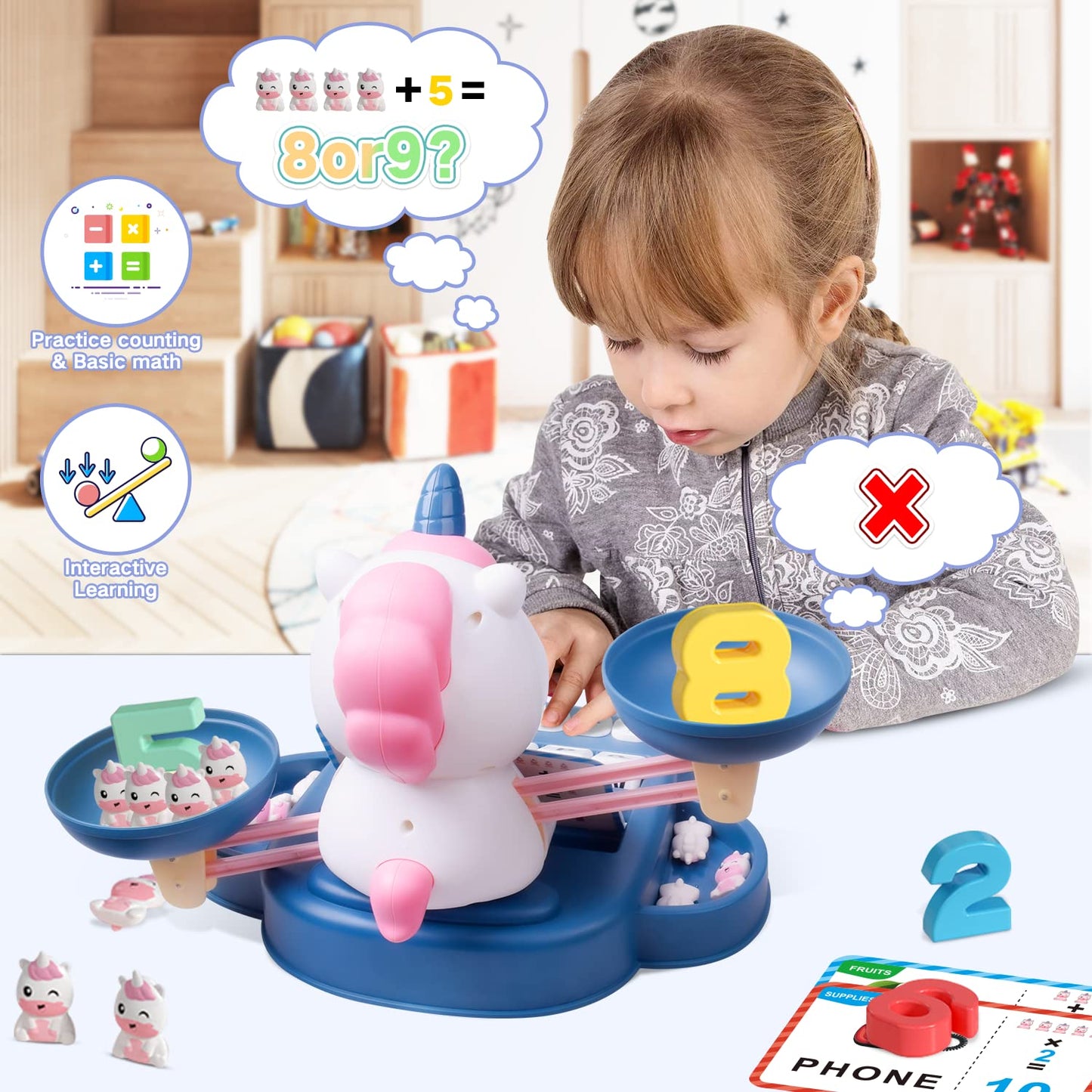 HOPEEYE Unicorns Balance Toy — Preschool Learning for Math Counting & Word Matching (Ages 3-7)