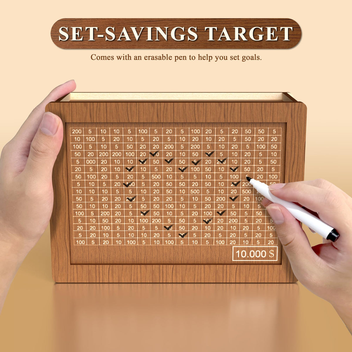 Hopefire 10000 Savings Challenge Box – Wooden Cash Vault with Erasable Pen