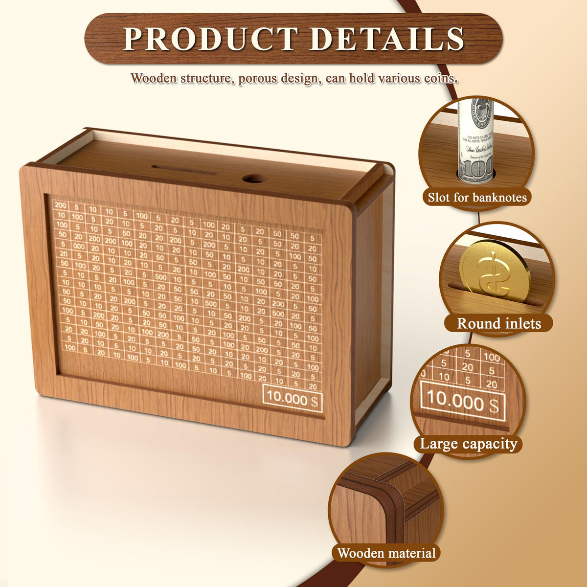 Hopefire 10000 Savings Challenge Box – Wooden Cash Vault with Erasable Pen