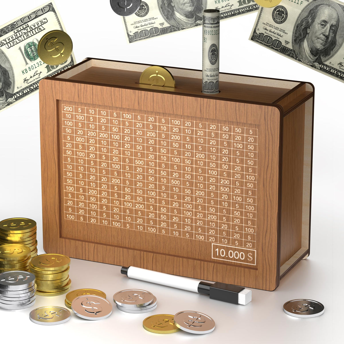 Hopefire 10000 Savings Challenge Box – Wooden Cash Vault with Erasable Pen