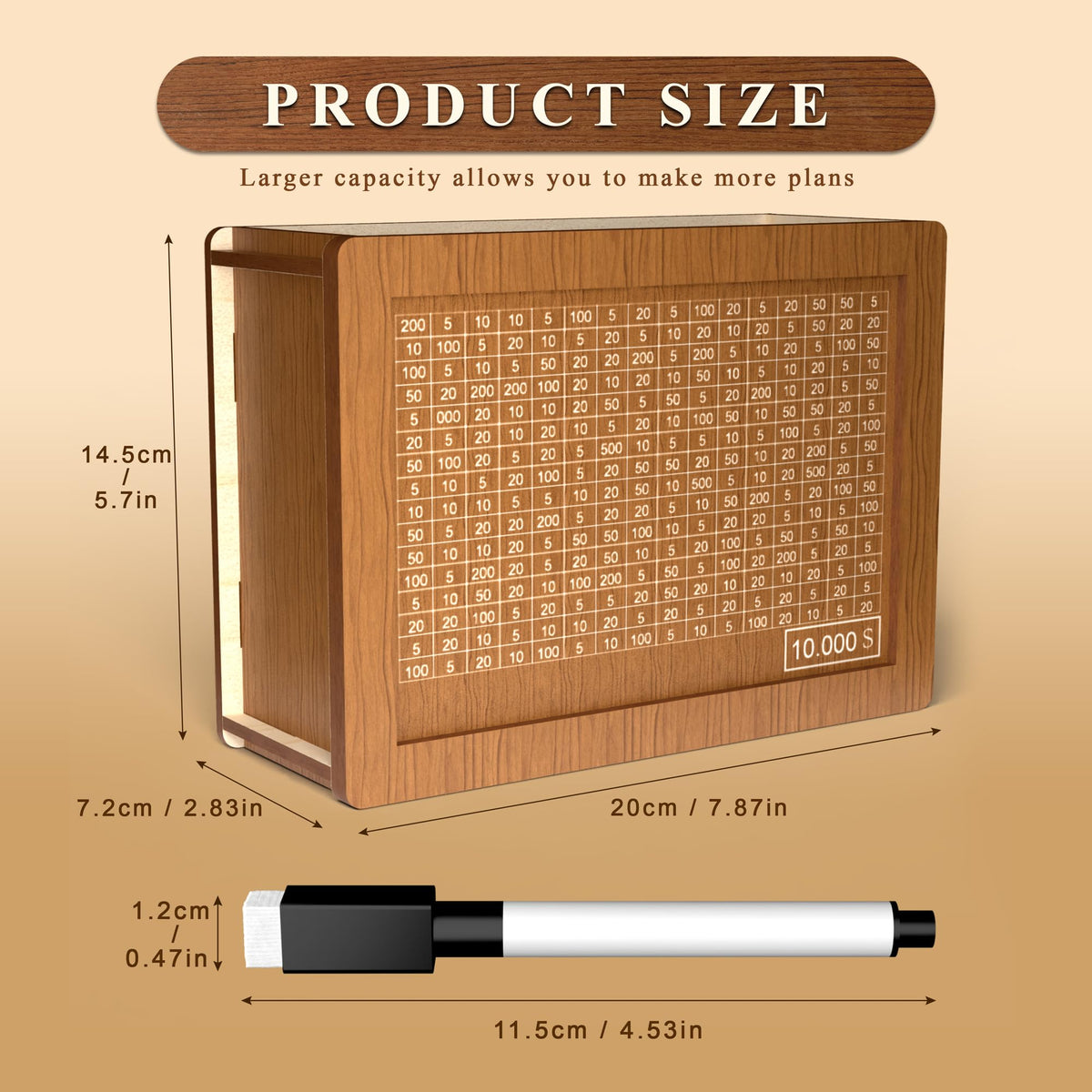 Hopefire 10000 Savings Challenge Box – Wooden Cash Vault with Erasable Pen