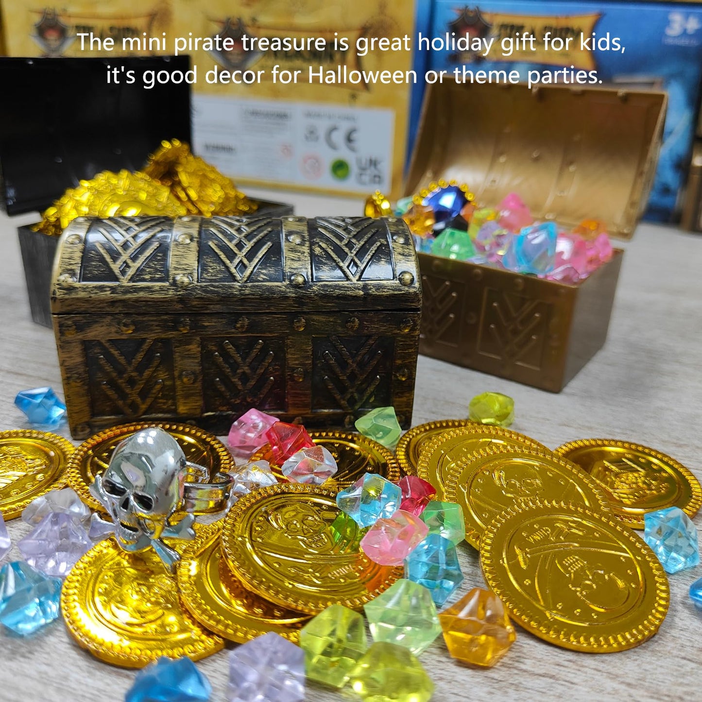 HOPELJ Kids Mini Pirate Treasure Chest Toy Kit – Treasure Box with 12 Coins, 24 Gems, Ring