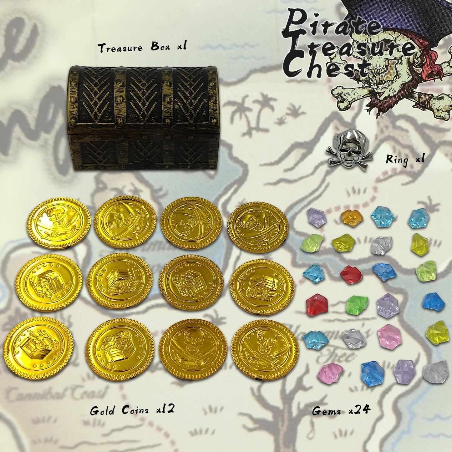 HOPELJ Kids Mini Pirate Treasure Chest Toy Kit – Treasure Box with 12 Coins, 24 Gems, Ring