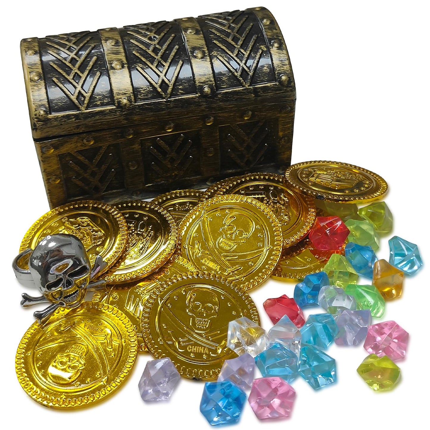 HOPELJ Kids Mini Pirate Treasure Chest Toy Kit – Treasure Box with 12 Coins, 24 Gems, Ring