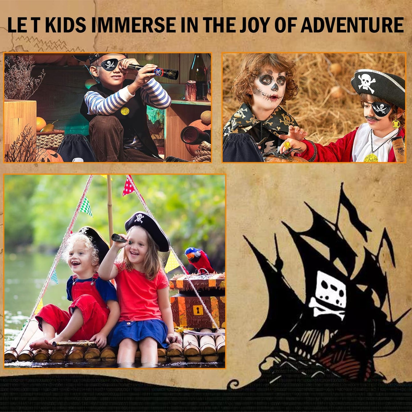 HOPELJ Kids Mini Pirate Treasure Chest Toy Kit – Treasure Box with 12 Coins, 24 Gems, Ring