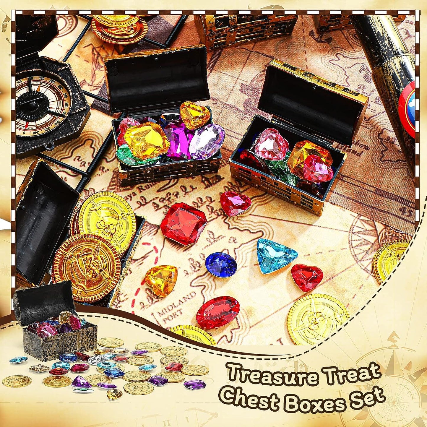 HOPELJ Kids Mini Pirate Treasure Chest Toy Kit – Treasure Box with 12 Coins, 24 Gems, Ring