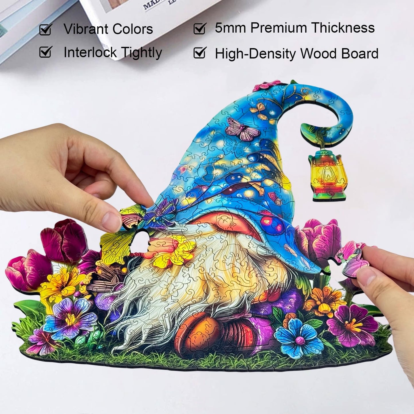 Hopelucr Gnome Flowers Wooden Puzzle for Adults — 200 Pieces, Unique Shaped Jigsaw (M-10.7 x 11 in)