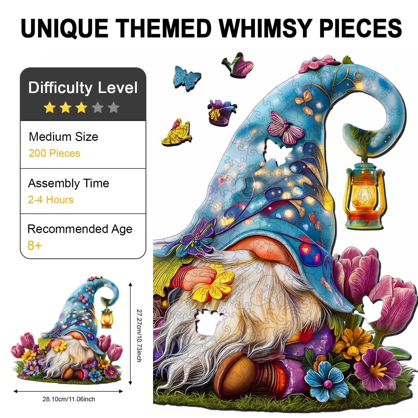 Hopelucr Gnome Flowers Wooden Puzzle for Adults — 200 Pieces, Unique Shaped Jigsaw (M-10.7 x 11 in)