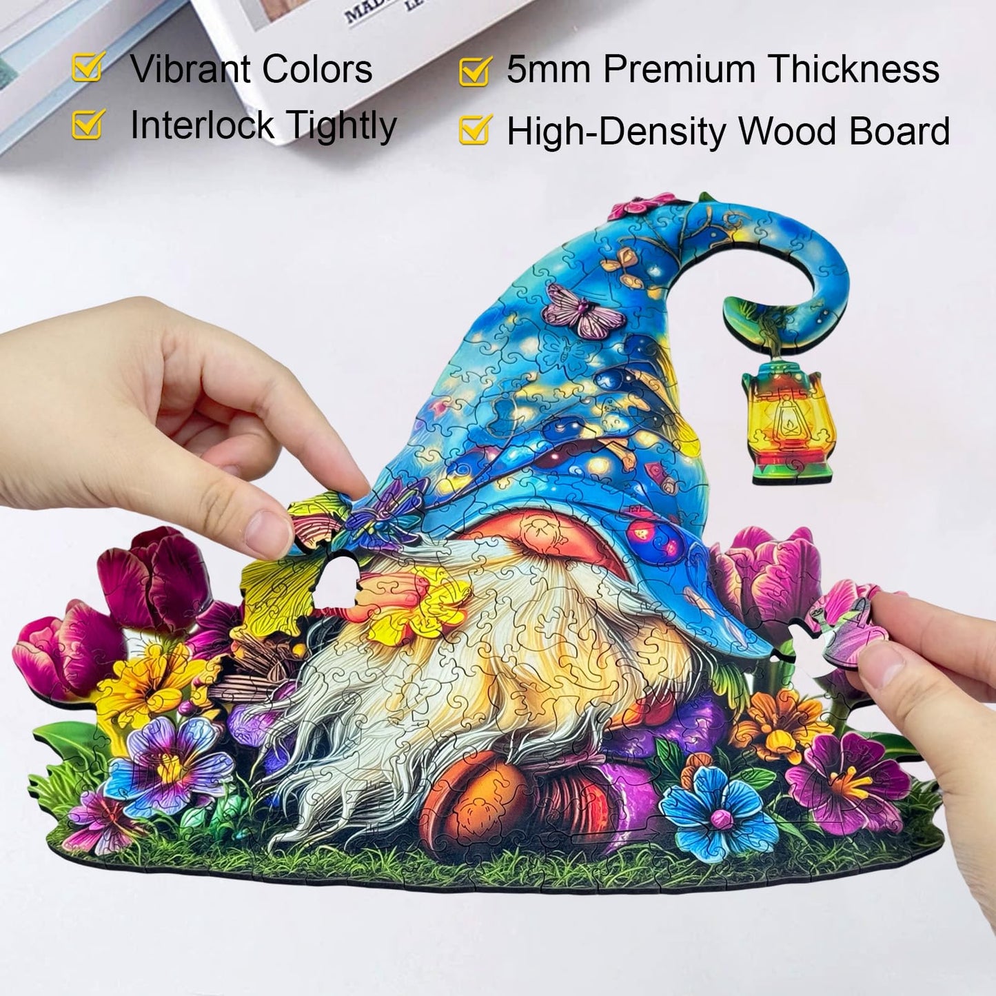 Hopelucr Gnome Flowers 500-Piece Wooden Puzzle – Unique Whimsy Jigsaw XL 17x16.5in