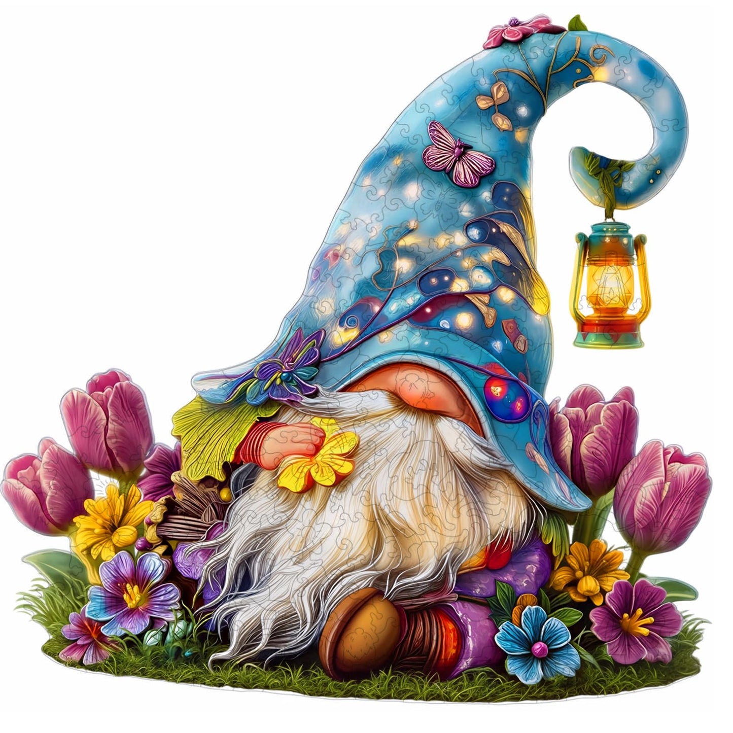 Hopelucr Gnome Flowers Wooden Puzzle for Adults — 200 Pieces, Unique Shaped Jigsaw (M-10.7 x 11 in)