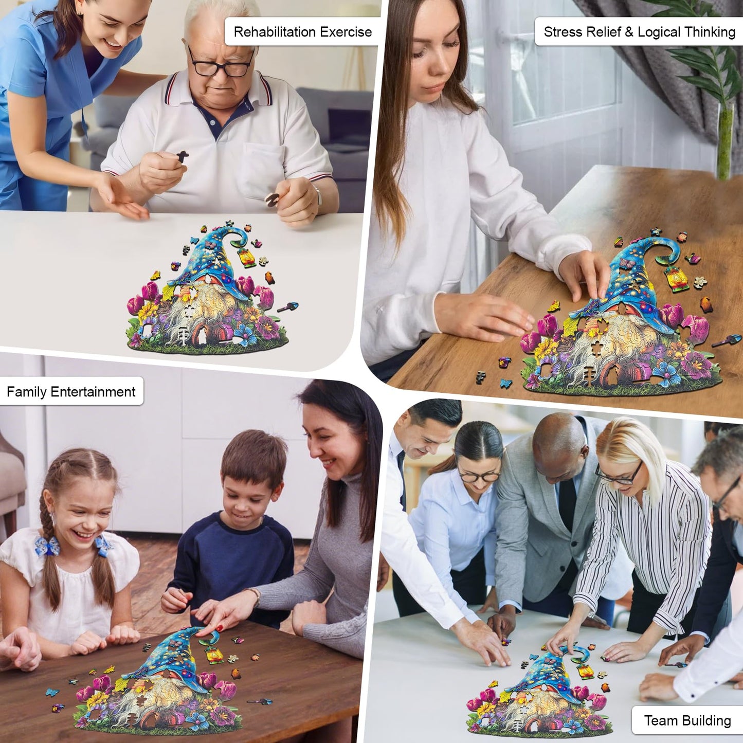 Hopelucr Gnome Flowers Wooden Puzzle for Adults — 200 Pieces, Unique Shaped Jigsaw (M-10.7 x 11 in)