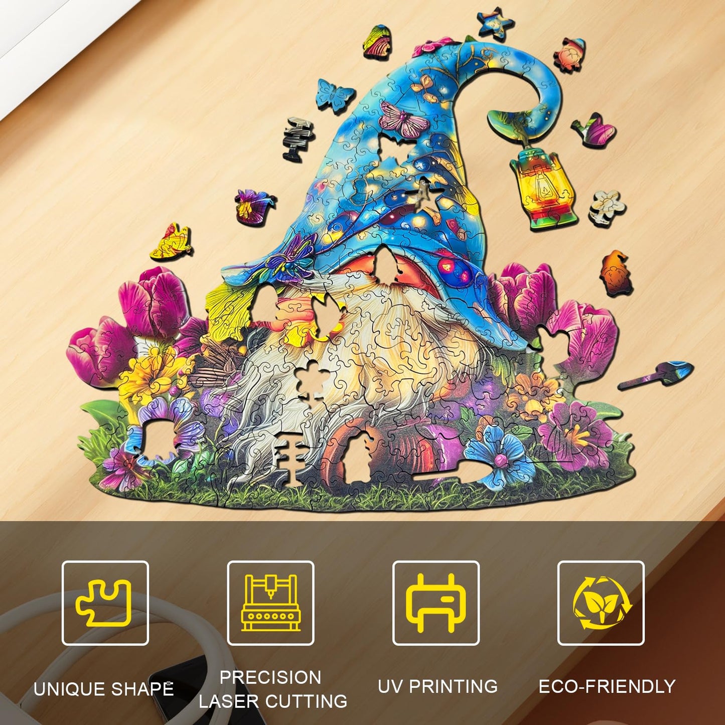 Hopelucr Gnome Flowers 500-Piece Wooden Puzzle – Unique Whimsy Jigsaw XL 17x16.5in