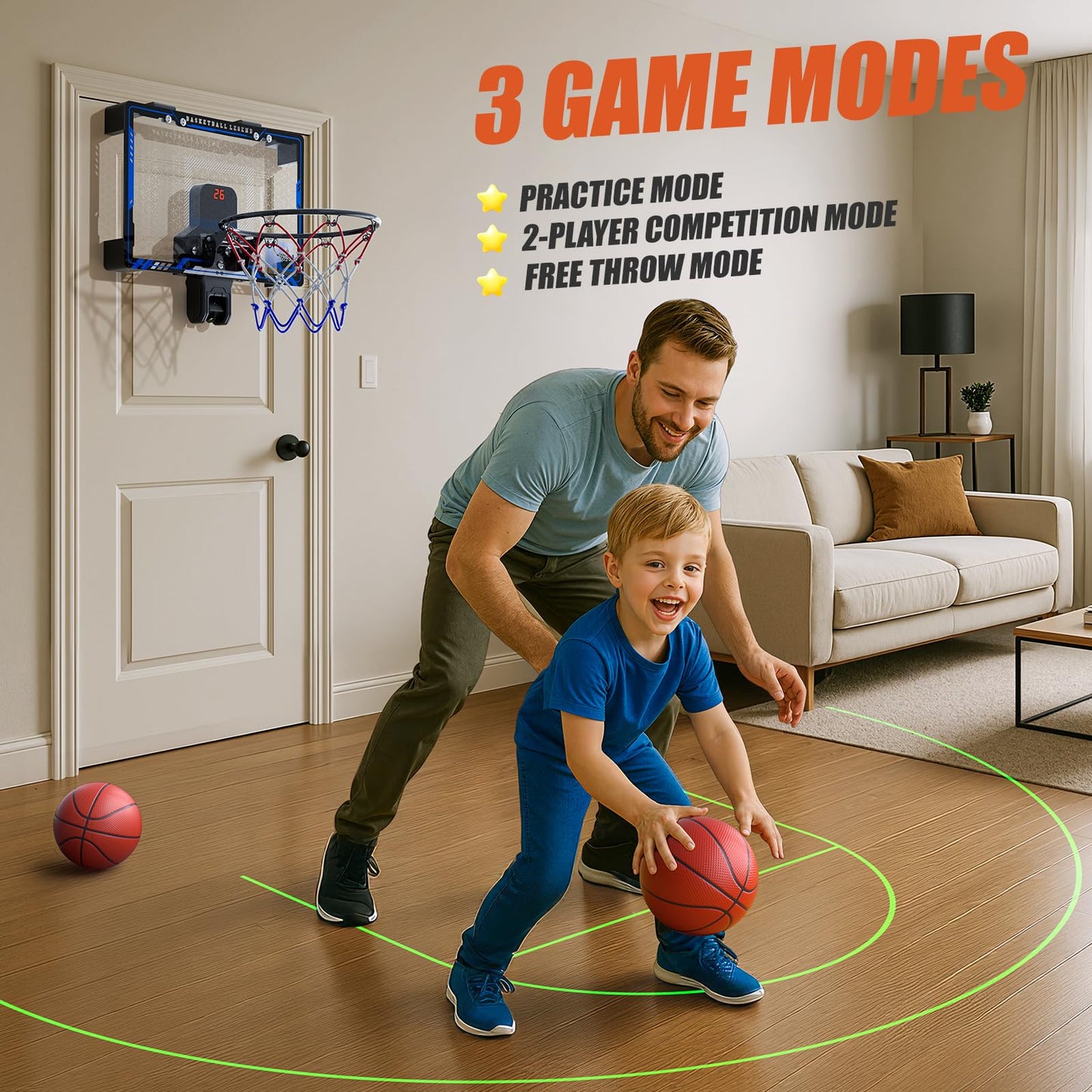 HopeRock Indoor Basketball Hoop with Projected Court — Over-the-Door, Scoreboard & 3 Balls